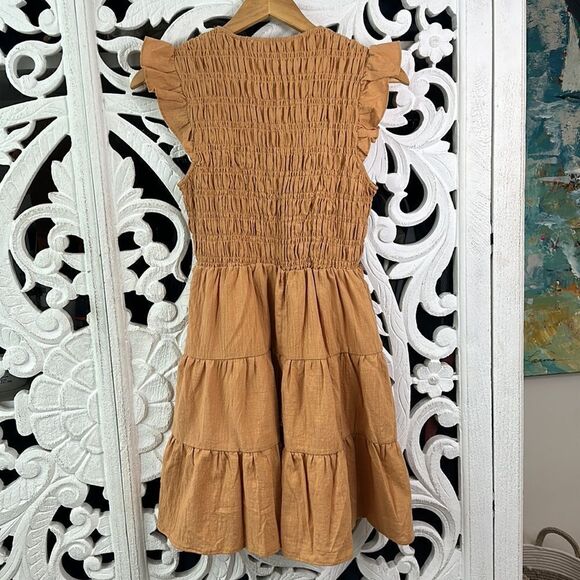 NWT HYFVE RARE FLAIR SMOCKED V-NECK TIERED MINI DRESS gold size S - Picture 3 of 8